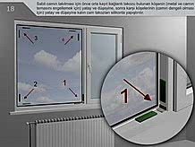 Sabit camın takılması için önce orta kayıt bağlantı takozu bulunan köşenin (metal ve camın teması engellemek için) yatay ve düşeyine, sonra karşı köşelerinin (camın dengeli olması için) yatay ve düşeyine kalın cam takozları silikonla yapıştırılır.